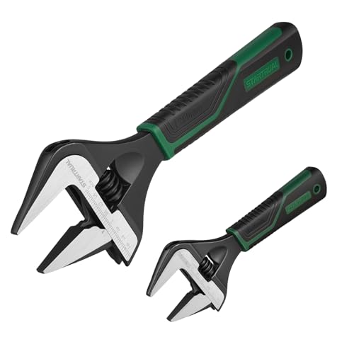 6 &10 Inch Wide Jaw Adjustable Wrench 1-3/8 & 2 inch Extra Wide Jaw SAE & Metric Scale Cr-V Steel Black Oxide Finish Big Mouth Opening Plumber Wrenches for Home Workshop Garage and DIY