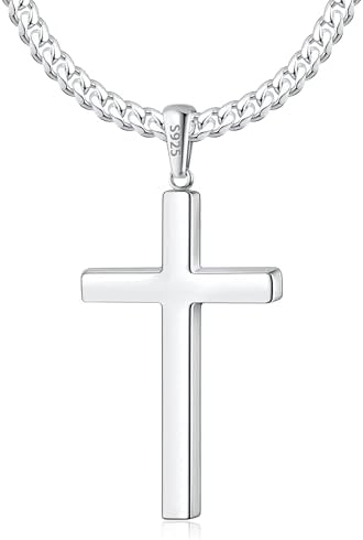 S925 Sterling Silver Thick Cross Necklace for Men, 18k Gold Plated Sterling Silver Cross Necklace with World's Top 4mm Cuban Chain for Men Boys Women, Minimalist Trendy Necklaces 16-26 Inch