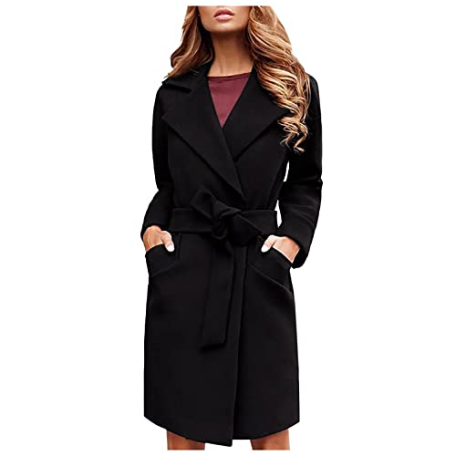CCOOfhhc Trenchcoat Damen Lang Wintermantel Übergangs Jacke Lang Mantel mit Gürtel Langarm Elegante Übergangsjacke Faux Wollmantel Revers Parka Coat Cardigan mit Taschen