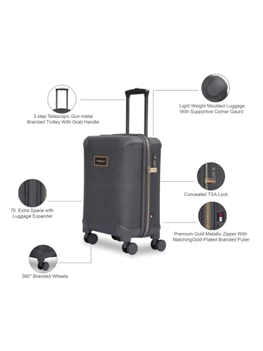 Image of Tommy Hilfiger Jazz Cabin Soft Luggage - Grey|Check-in Trolley Bag with TSA Lock | 360 Spinner Double Wheels | Telescopic Handle | Expandable | Polyester Shell Suitcase | 42L Capacity | 56cm