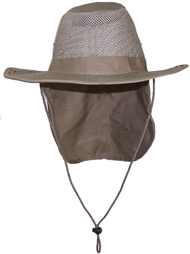 Tropic Hats Summer Wide Brim Mesh Safari/Outback W/Neck Flap & Snap Up Sides - Tan L