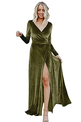 Maxianever Women's Velvet V Neck Bridesmaid Dresses Long Sleeve with Slit A  Line Formal Wedding Guest Gown - Product Details