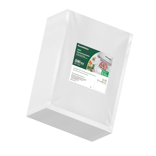 Image of Bonsenkitchen Vacuum Sealer Bags, 200 pcs 8"W x 12"H, BPA-Free, Commercial Grade, Thick Embossed Bags for Food Storage & Sous Vide Cooking, Food Safety