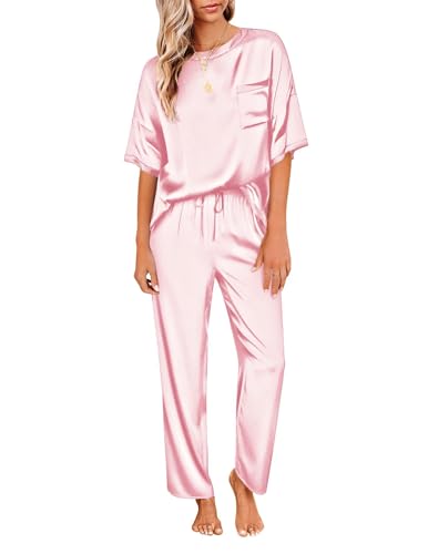 Image of Ekouaer Womens Satin Silky Pajama Set Short Sleeve Shirt with Long Pajama Pant Set Soft PJ Loungewear