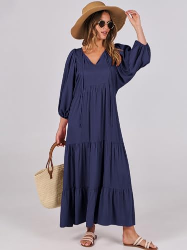 Image of ANRABESS Womens Boho Floral 3 /4 Puff Sleeve Maxi Dress | Tiered Flowy Loose Fit, Comfy Soft Rayon Fabric, Wedding Guest Church Beach, Modest Elegant, Spring Summer Fall Outfits