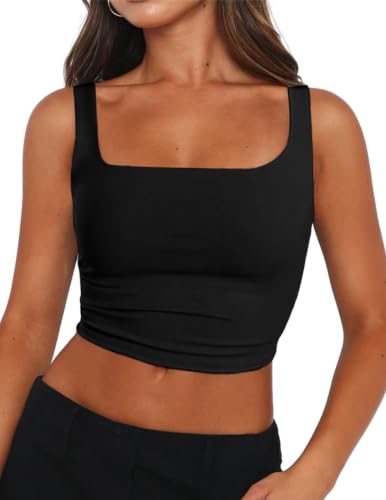 Zeagoo Women's Square Neck Sleeveless Double Layer Trendy Going Out Crop Tank Tops Black - image 1