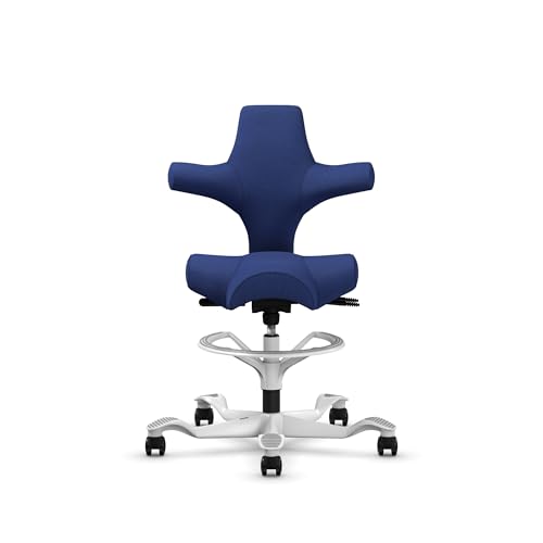 Image of HAG Capisco Sit to Stand Chair-White Frame-Upholstered Cobalt Blue-with Foot Ring