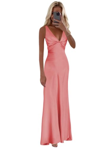 Vvecz Coral Prom Dress 2026 Mermaid Long Ruched Silk Satin Corset Wedding Guest Dress Size 6