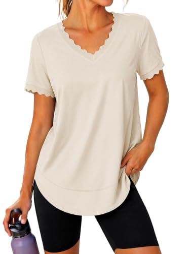 Fisoew Womens Short Sleeve T Shirts V Neck Scalloped Tunic Tops Summer Workout 2026 Trendy Casual Basic Dressy Tees White