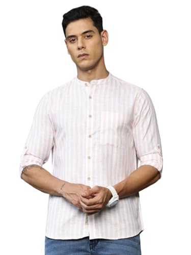 Image of Thomas Scott Men's Slim Fit Cotton Linen Casual Shirt with Mandarin Collar | Vertical Stripes | Three-Quarter Roll-Up Sleeves