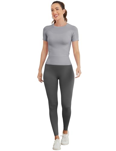 Image of MathCat Short Sleeve Workout Tops for Women, Seamless Women's Compression Shirt, Yoga Running Athletic Shirts Soft Gym Tops