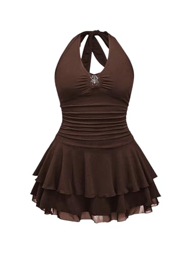 Image of BEAUDRM Women's Y2k Goth Mini Dress Grunge Punk V Neck Tie Back Halter Short Dresses Gothic Halloween Costumes