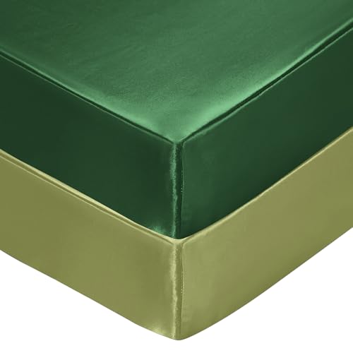 Image of SiinvdaBZX 2 Pcs Satin Crib Sheets for Baby Hair, Emerald & Sage Green | 52 x 28 Inch Silk-Like Soft Fitted Crib Sheets Baby Mattress Sheets for Standard Crib, Toddler Mattress, with 8 Inch Pocket