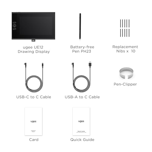 ugee UE12 11,6 Zoll Grafiktablett mit Display,Pen Display mit 124% sRGB mit 8 Shortcut-Tasten...