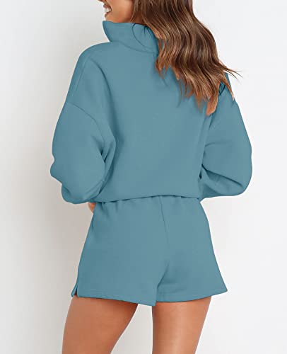 Merokeety Women's 2023 Fall 2 Piece Outfits Zipper Lounge Sets Casual Tops Shorts Pajama Sets With Pockets, Blue, M #TOP3