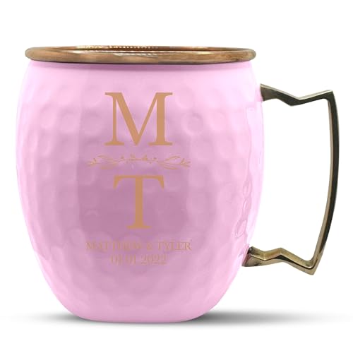 Personalized Custom Copper Moscow Mule with Hammered Painted Finish - Engraved Bar Style 100% Copper Cup with Custom Vertical Initials Wedding Theme Engraving, Brass Handle | 18 oz, Red