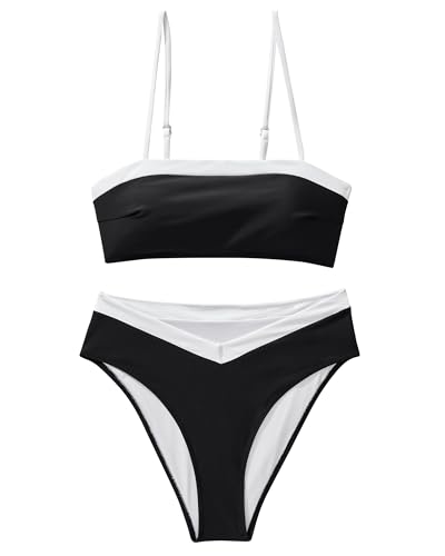 SUUKSESS Women Sexy Bandeau High Waited Two Piece Bikini Sets Cheeky High Cut Swimsuit Color Block Bathing Suit (Black White, M) - Image 6