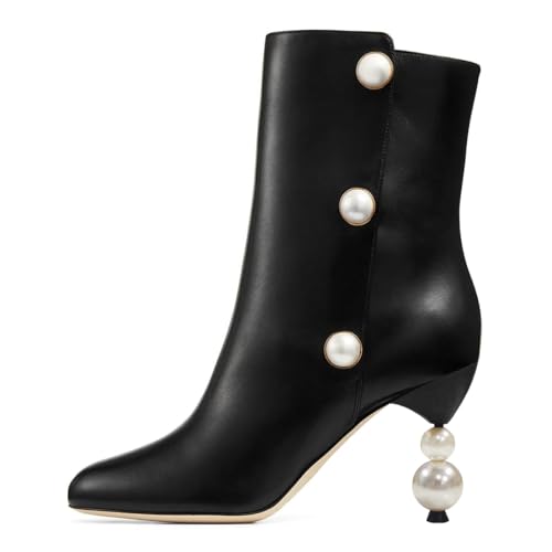 FSJ Women Unique Pearl Heel Ankle Boots Closed Toe 3.5" High Heeled Short Booties Party Sexy Dress Shoes Size 4-16 US2
