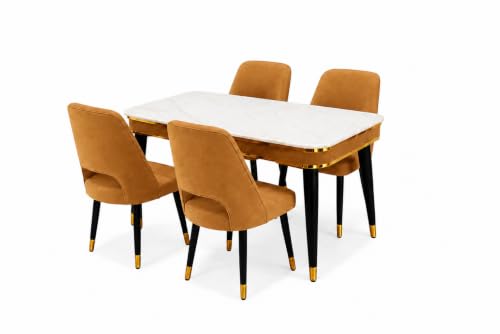 Image of WOODEN SPACE Majestic 4 Seater Wooden Dining Table Set | Urban Marble Top Dining Table with Chairs for Dining Room & Kitchen (Mustard Modern Vintage)