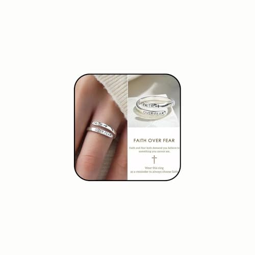 DIOWUS Faith Over Fear Cross Ring For Women, Christian Blessed