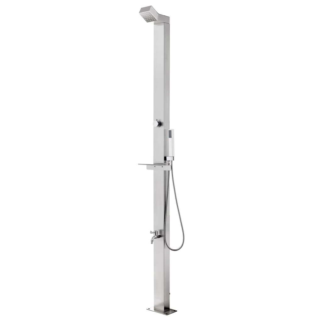 Ducha de jardín con placa base gris de 225 cm, acero inoxidable, ducha exterior con ducha de cabeza, ducha de mano y grifo para lavar los pies, incluye soporte de ducha de mano y estante