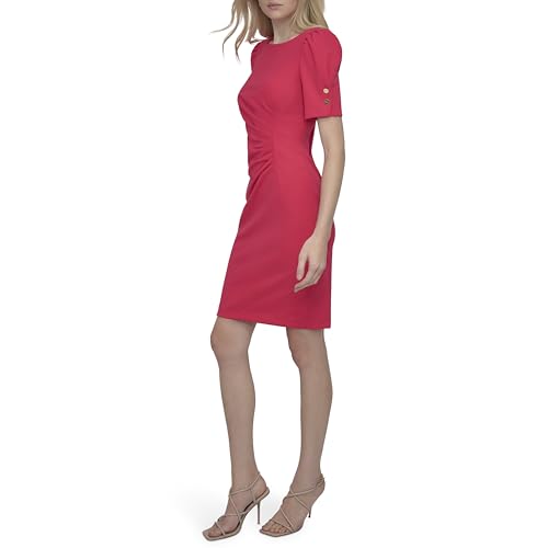 Image of DKNY Women's Short Sleeve Ruched Knee Length Sheath Dress with Button Detail