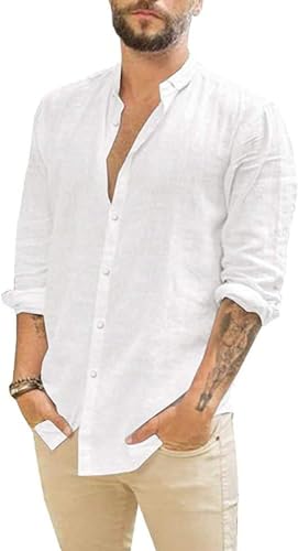 Chemise coton lin hommes Cegerne manches longues casual blanche taille L