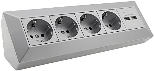4-Way Socket Block + 2x USB, Silver, Easy Assembly Because Interior Is Pre-Wired, Surface Mount - Great for Countertops and Workbenches