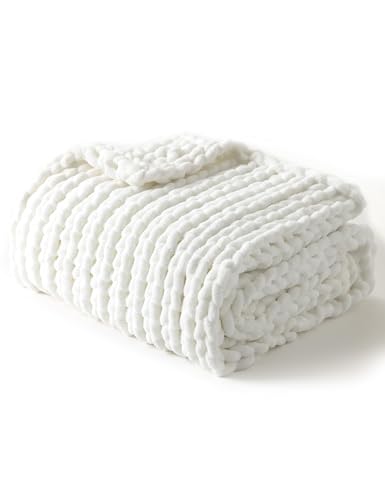 YNM Chunky Throw Blanket, Medium-Weight, Hand Knitted with Chenielle Yarn, Skin Friendly, Ventilated and Breathable, Machine Washable, Home Décor Piece for Couch, Sofa and Bed (White, 50x60 Inch)