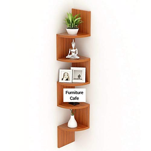 Furniture Cafe Wooden Wall Shelves Corner Hanging Shelf for Living Room Stylish Zig Zag Home Decor Floating Display Rack Storage Organizer Unique Design with Teak Natural Finish 5 Tiers (Set of 2) (Image - 4)