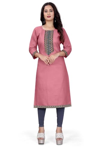 Image of Women A-line Cotton Blend Round Neck 3 /4 Sleeve Embroidered Kurti Only