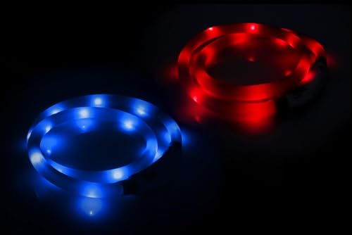 PRECORN 2 Stück LED Silikon Hundehalsband Leuchtend | Rot und Blau | Sicherheits-Halsband Hund | Hunde Leuchthalsband Set aufladbar USB-C | Individuell kürzbar