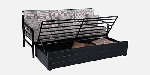 Image of 3 Seater Metal Sofa Cum Bed with Hydraulic Storage | Comfortable Sofa Set for, Living Room, Bedroom, Guest Room| King Size Convertible Sofa with Cushion |King Size (Multi Grey & Black)