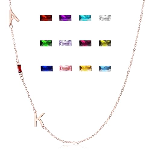 Image of Personalised Sideways Initial Necklace with Rectangle Birthstone Silver Rose Gold Chain Necklace with Initials Birthstones Jewellery Gifts for Women Sterling Silver Custom 1 or 2 Side Letter Pendant