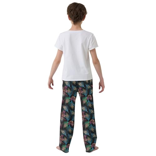 Colorful Peacock Feather Butterfly Boys Long Pants Soft Trousers Elastic Waist Kids Lounge Bottoms with Pockets S-XL3