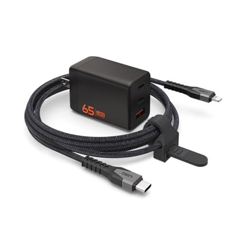 URBAN ARMOR GEAR UAG SRG 65W GaN 3-Port Wall Charger Bundle with Power Cable USB-C to Lightning (Black)