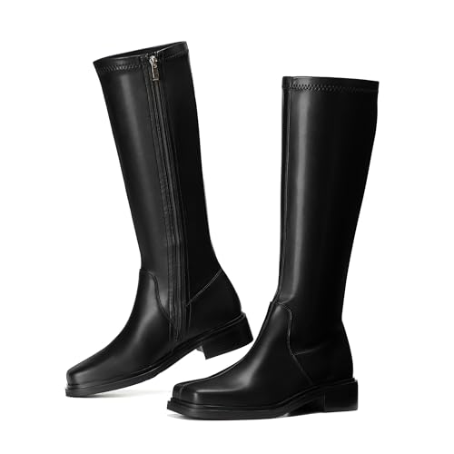 vivianly Women's Knee High Boots Zipper Square Toe Platform Trendy Low Chunky Heels Boots