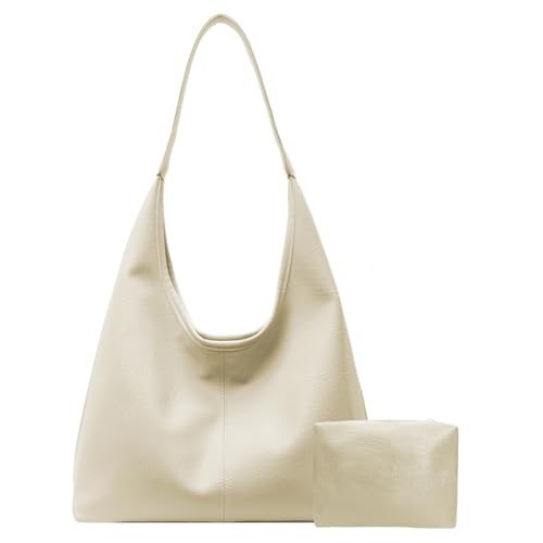 Image of Leather Hobo Bags for Women Slouchy Tote Bag Retro PU Leather Purse Soft Shoulder Handbags Large Work Tote Bag 2pcs
