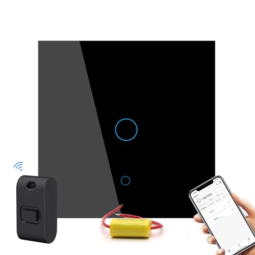 Smart Light Switch, Tuya/SmartLife App Remote Control, Wireless Kinetic Fob Switch Control, No Neutral Wire Required, Neutral Line Optional, Easy Two-Way Control (Black(1Gang))