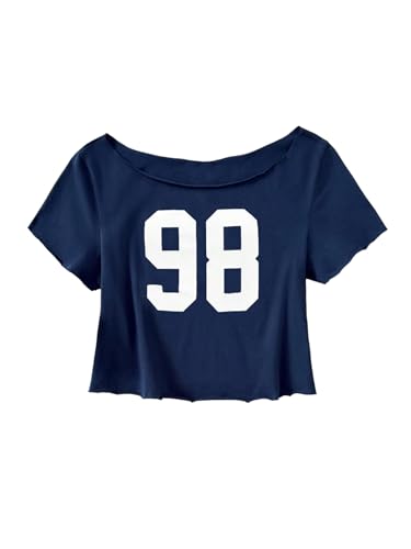 SOLY HUX Girl's Off The Shoulder Summer Crop Tops Number Graphic Short Sleeve Boat Neck Tee Shirts Dark Blue 12Y