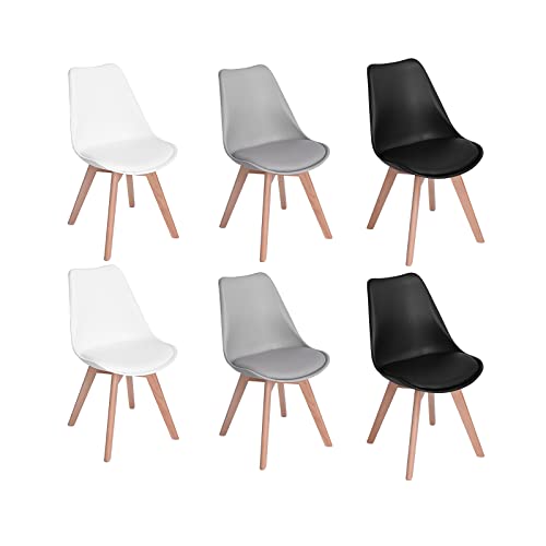 H.J WeDoo Lot de 6 chaises de Salle à Manger Scandinaves, Chaises Rétro Rembourrée Bois de Hêtre Massif- Blance+Noir+Gris