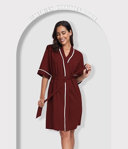 Image of ANLIQI Womens 100% Cotton Robes Lightweight Summer Short Sleeve Lady Bathrobe Knee Length Kimono Robe Sleepwear with Pockets