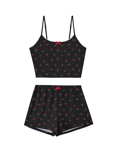 Image of Hilinker Women's 2 Piece Fruit Pajama Set Ribbed Cami Top and Shorts Sleepwear Summer Cute Pjs Black Red Cherry B Medium