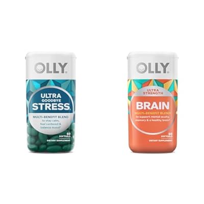 OLLY Ultra Strength Goodbye Stress Softgels, GABA, Ashwagandha, L-Theanine and Lemon Balm &amp; Ultra Strength Brain Softgels, Nootropic, Supports Healthy Brain Function, Memory