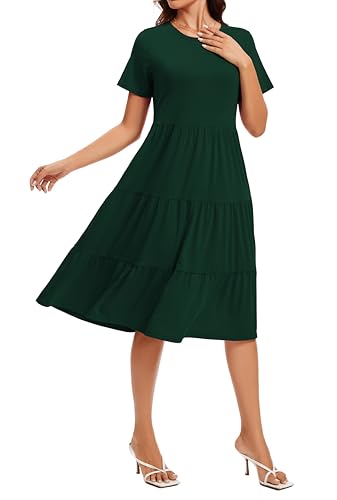 Image of Womens Summer Short Sleeve Crew Neck Midi Dress 2026 Casual Fit Flowy Tiered Beach Vacation Sundress with Pockets