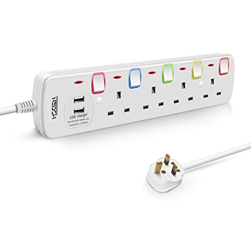 Mscien Extension Lead with USB and Switches, 4 Way Plug Extension individually Switched with Indicator, 1.8M Extension Cord Power Strip