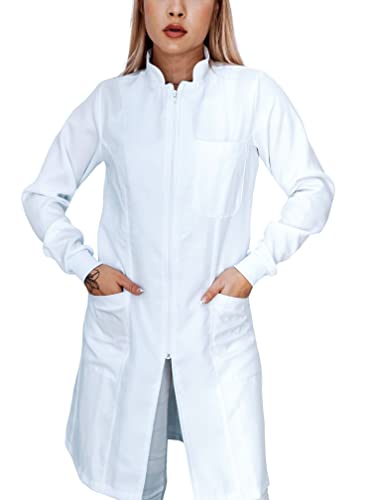 Jaleco Feminino Oxford Ziper Gola Padre, Com Punho, Acinturado, Manga Longa, Branco, Plus Size (M, B