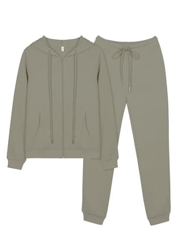 REORIA Women Zip Up Hoodie and Slim Long Pants Warm Cotton Lounge Wear Sets Two Piece Outfit Thick Long Sleeve Tracksuits Full Set Co Ord Sets With Pockets Grey Green M
