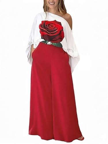 CHICME Women Two Piece Sets Off Shoulder Rose Print Lantern