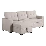 Devion Furniture L-Shaped Polyester Fabric Reversible, Easy Convertible Pull-Out Sleeper Sectional Sofa/Storage Chaise with Tufted Back Cushions and Track Arms in Beige